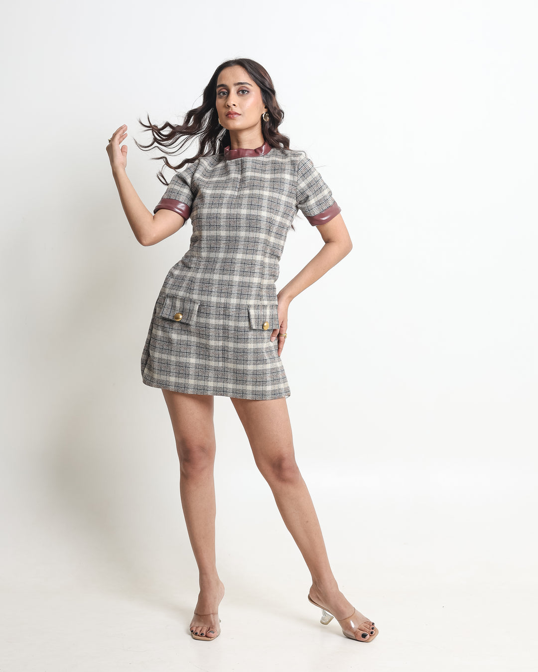 Beige Tweed Leather Short Dress