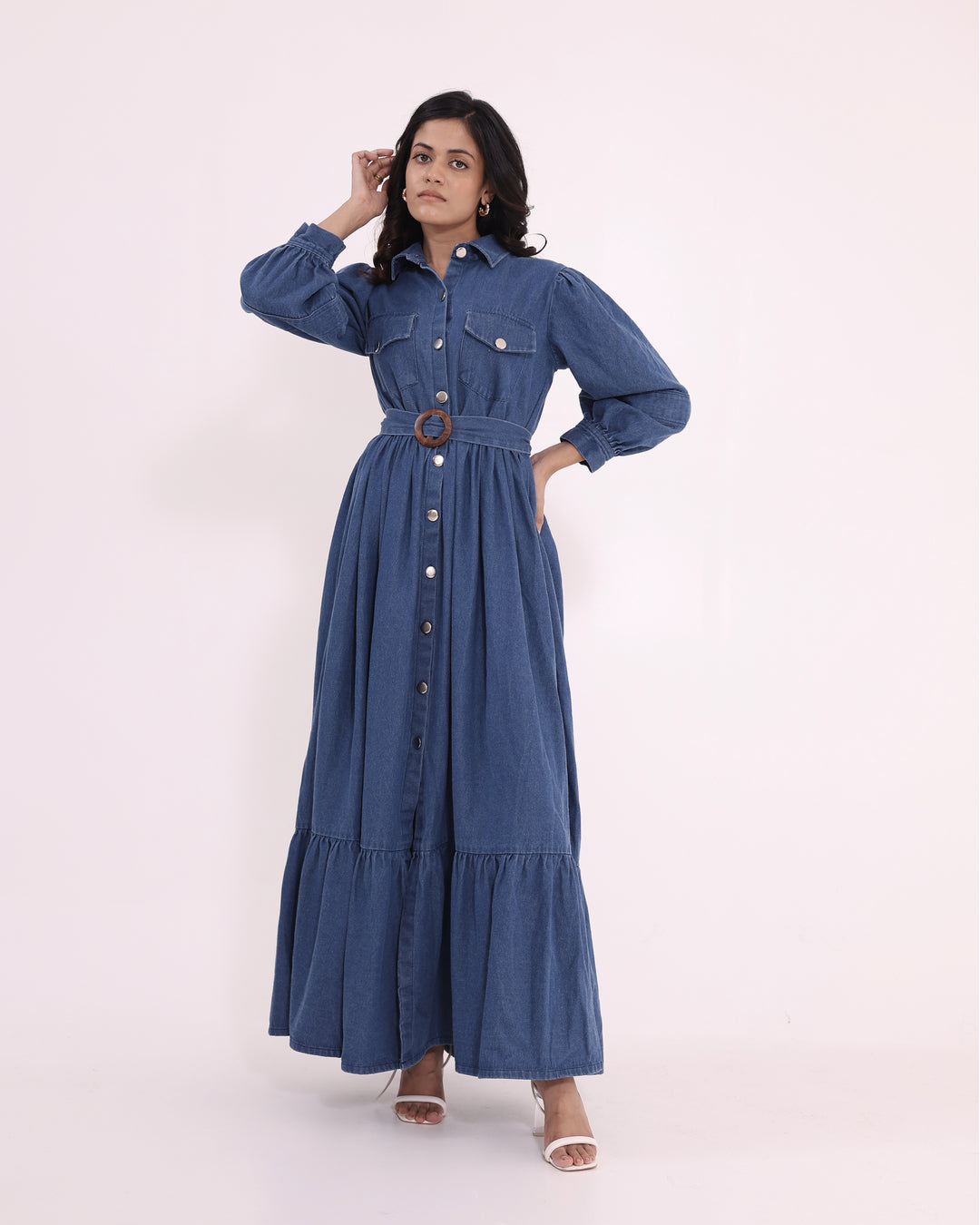 Blue Denim Maxi Dress With Belt - Shop Now | Pincode21