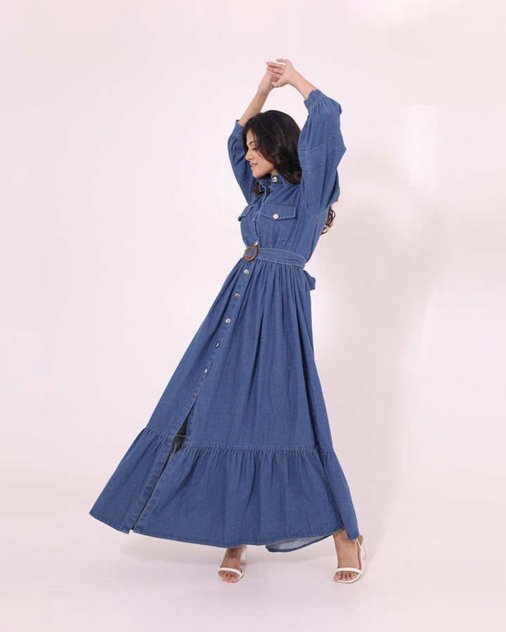 Blue Denim Maxi Dress With Belt