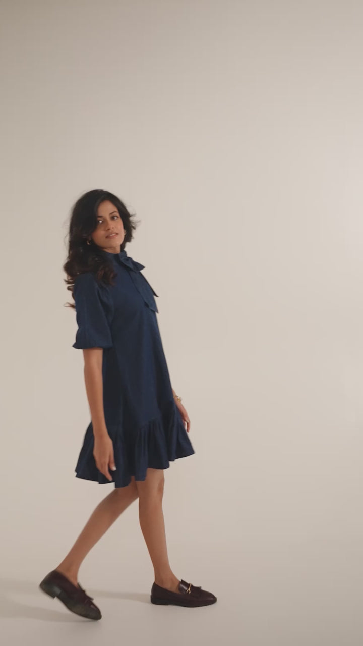 Blue Denim Short Bow Dress