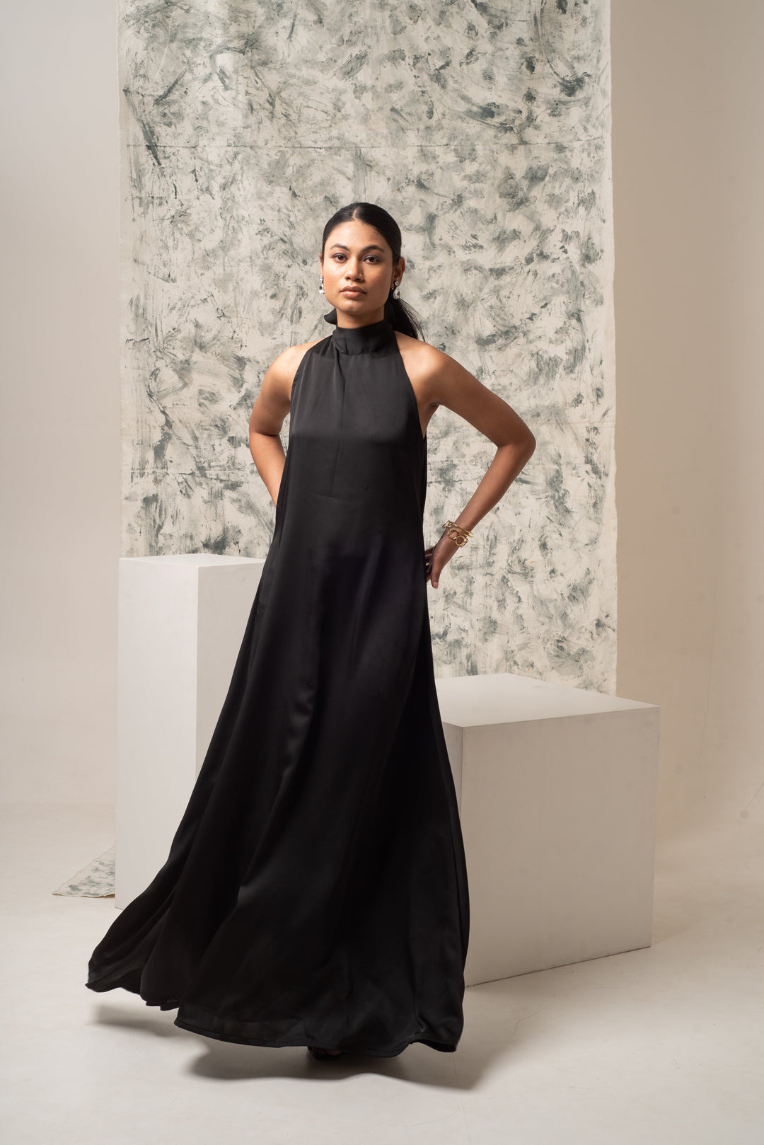 Mystic Ink Dress - Long Black Satin Dress | Pincode21